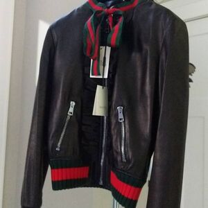 Gucci Dark Leather Bomber with Red and Green Trim